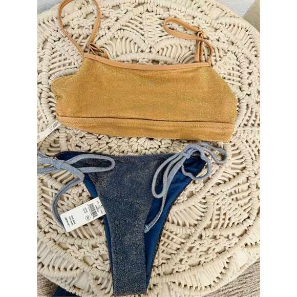 aerie Other - Aerie Gold and Blue Shimmer Bikini High Leg Extra Cheeky Size XS New